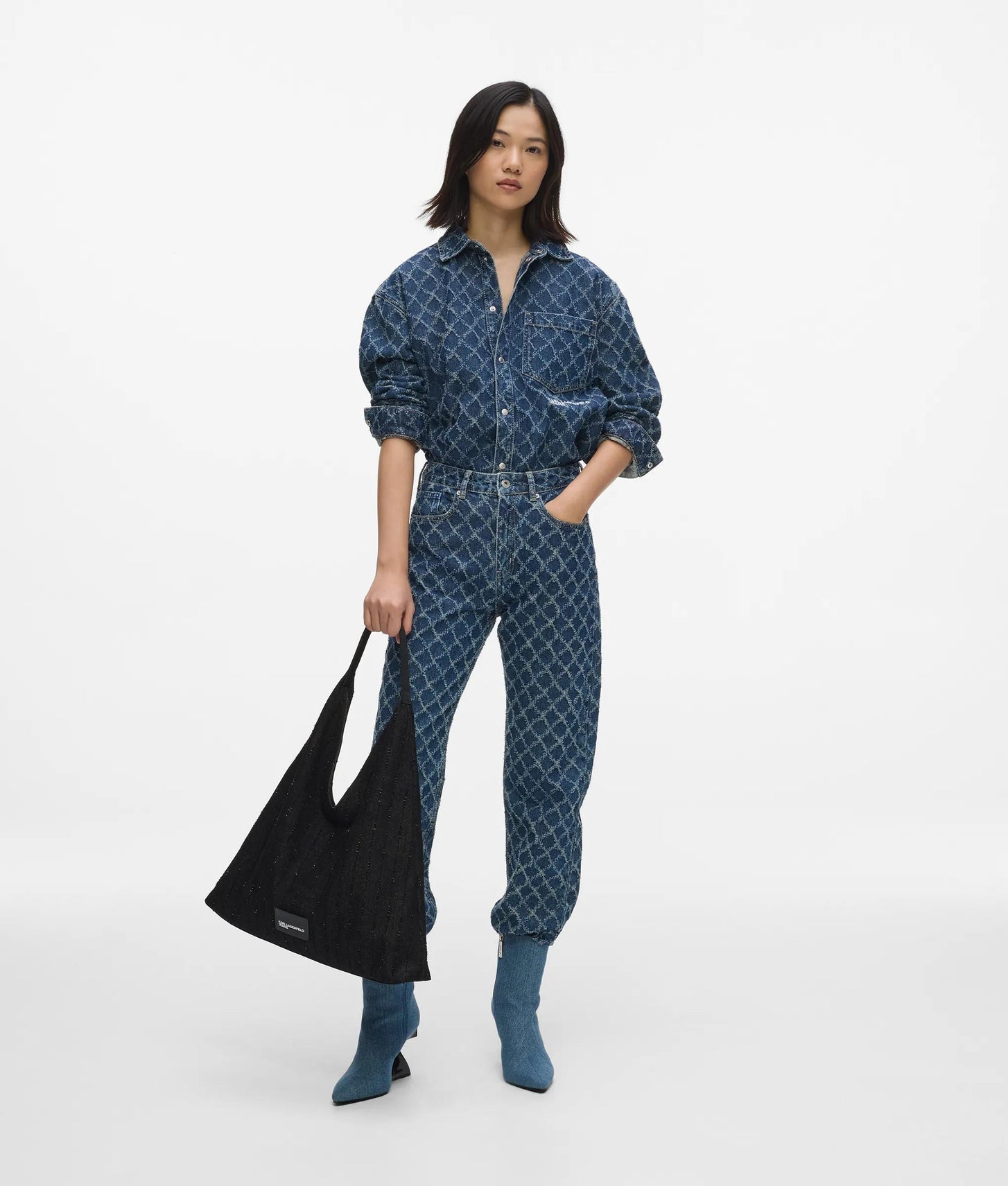 KarlLagerfeld Pinstripe Denim Trapeze Shopper Striped Black Denim