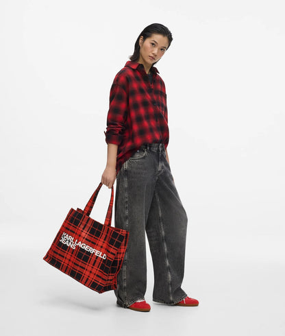 KarlLagerfeld Logo Checked Shopper Red-Black Checkered Print