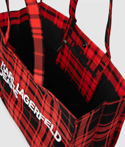 KarlLagerfeld Logo Checked Shopper Red-Black Checkered Print