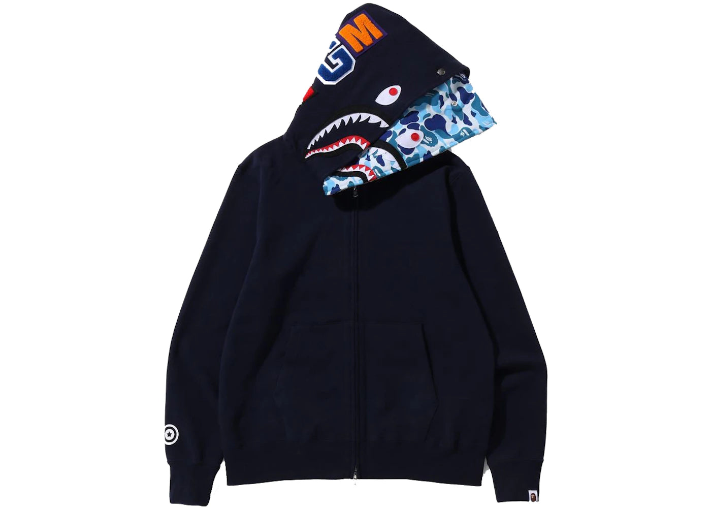 bape abc camo shark wide fit full zip double hoodie navy