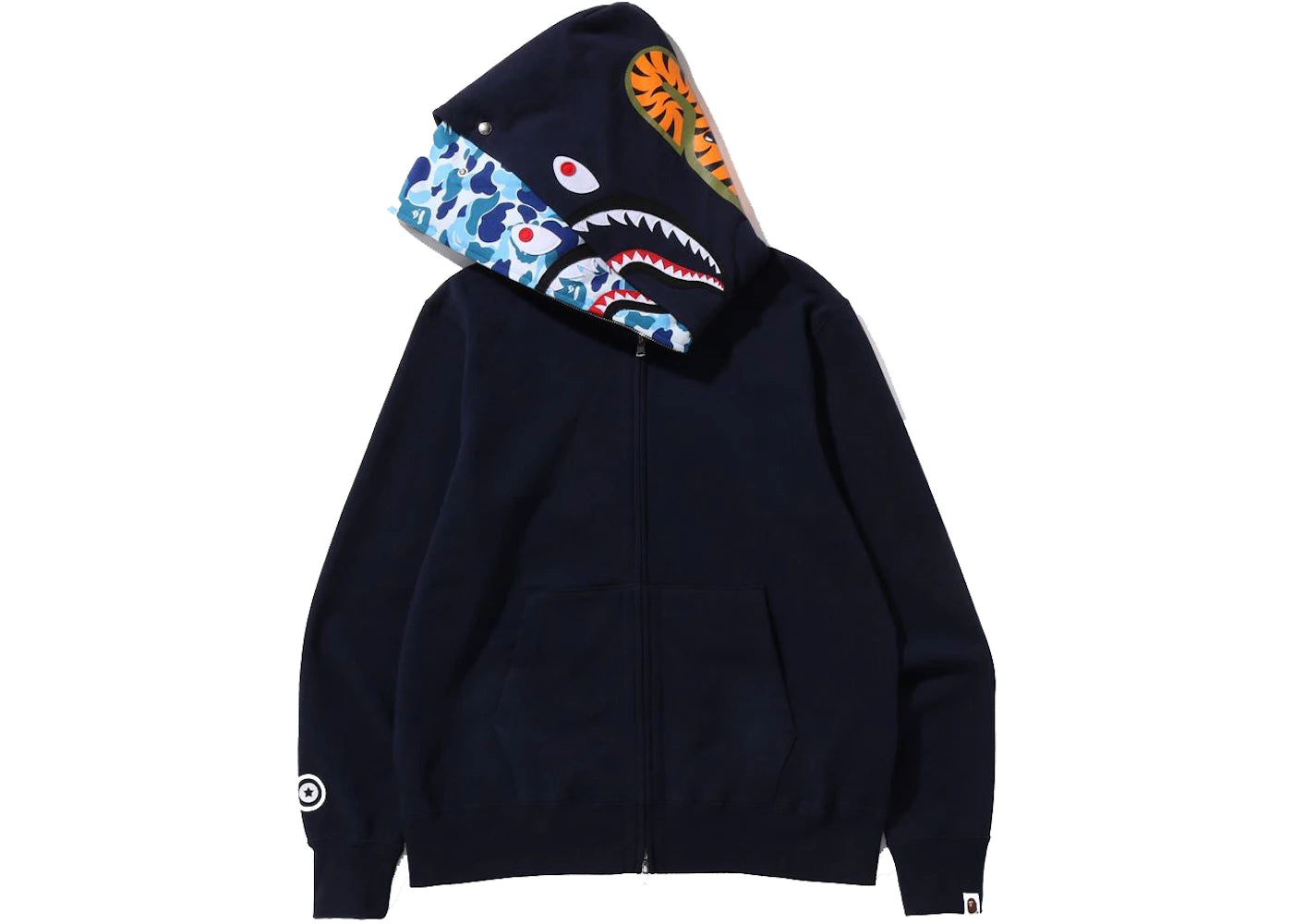bape abc camo shark wide fit full zip double hoodie navy