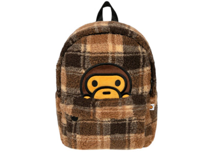 Bape Baby Milo Check Sherpa Medium Backpack Beige