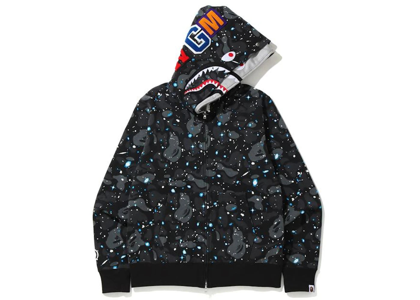 bape space camo shark full zip double hoodie black multi