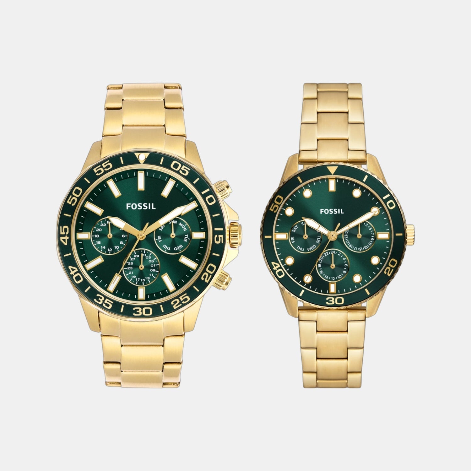 Fossil Bannon Couple Quartz Green Dial Multi-Function Stainless Steel Watch Bq2754Set