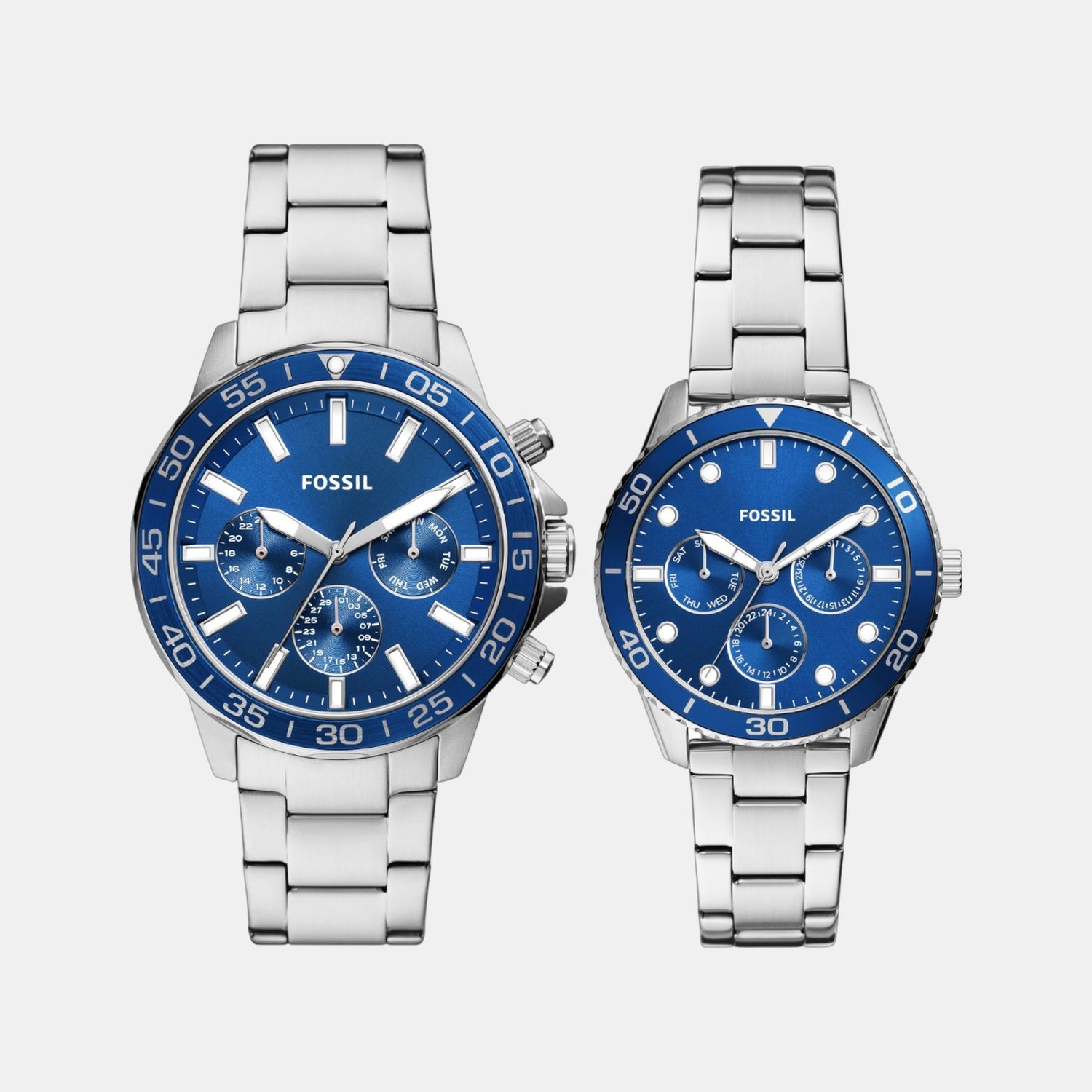 Fossil Bannon Couple Quartz Blue Dial Multi-Function Stainless Steel Watch Bq2828Set
