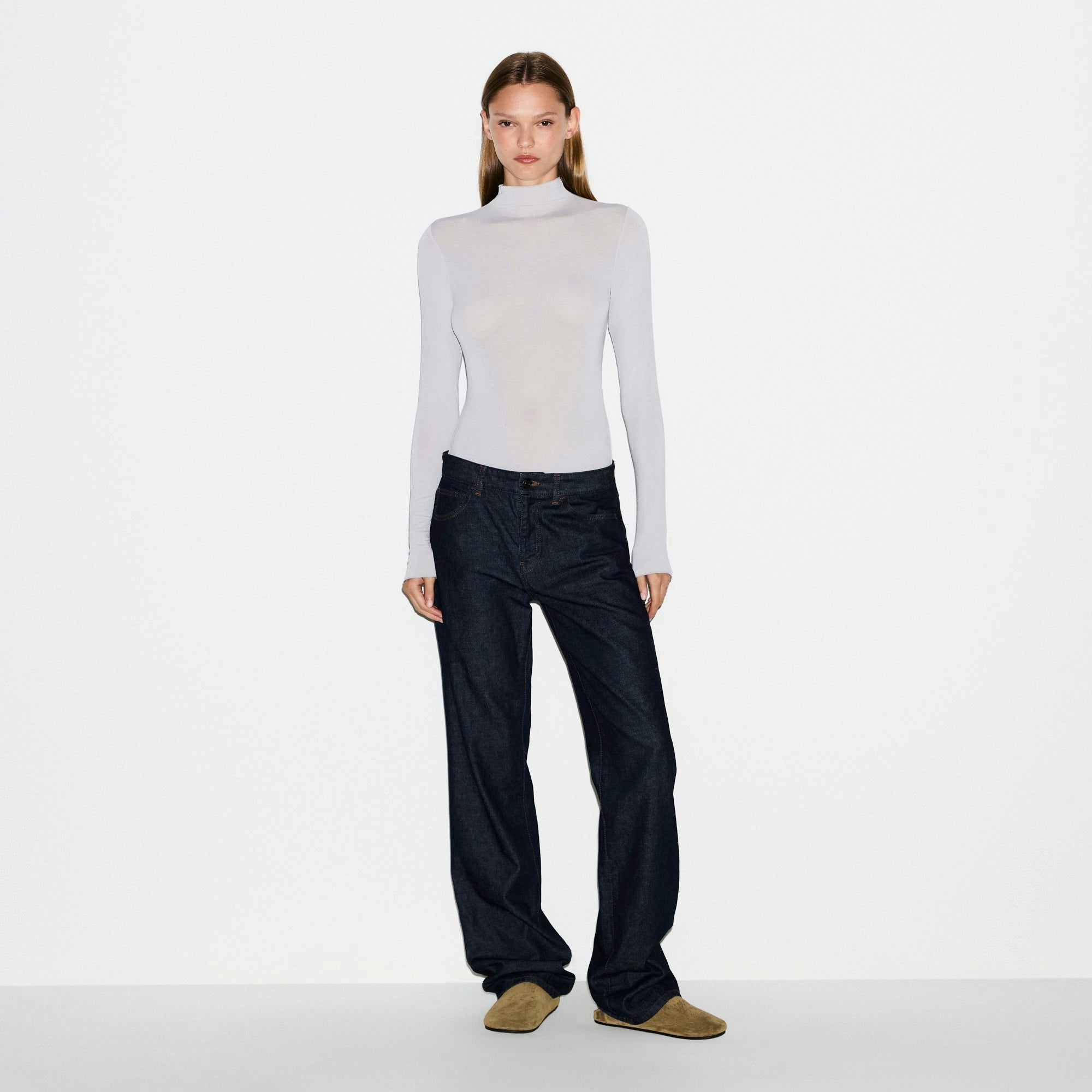 Skims Sheer Modal Long Sleeve Turtleneck Bodysuit Mist