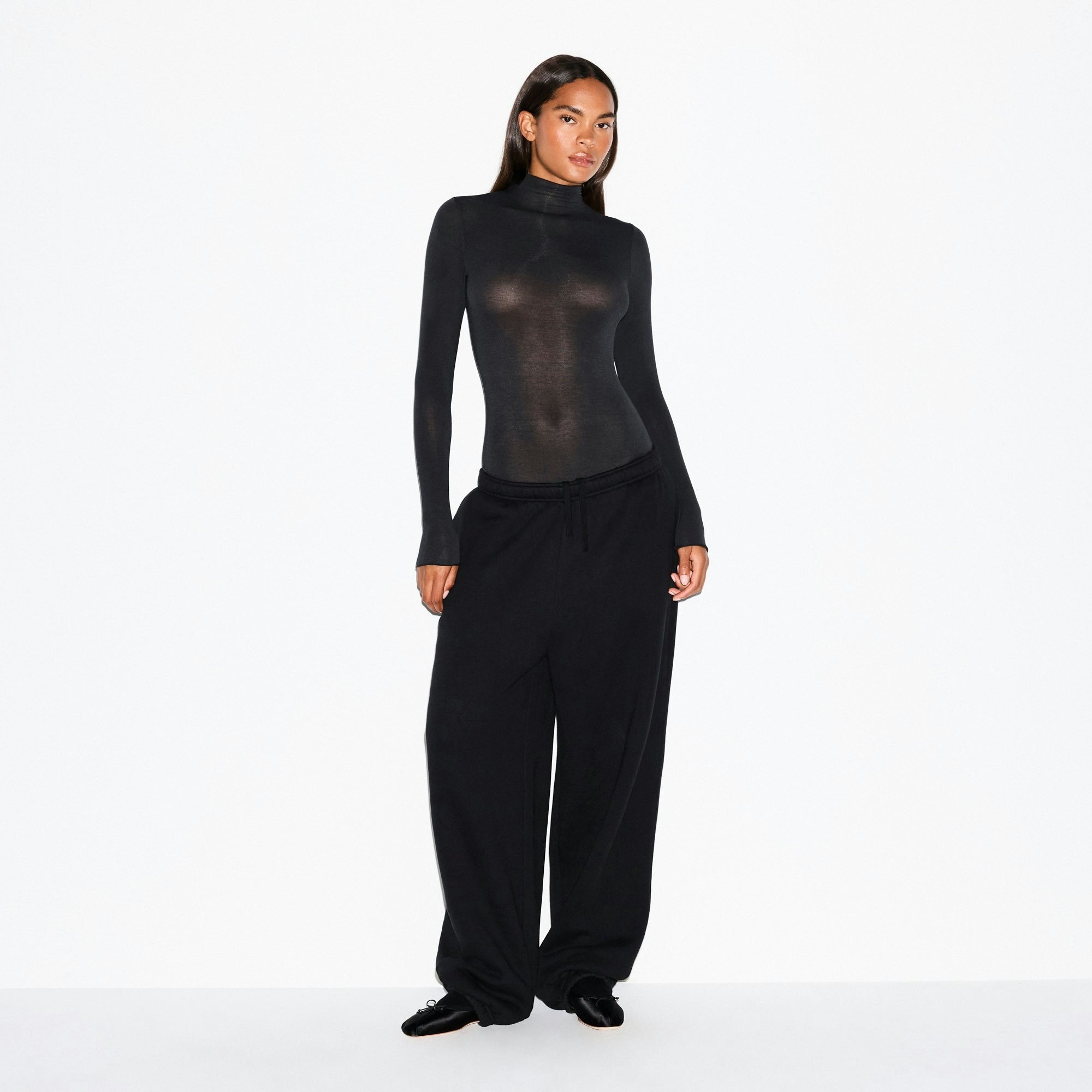 Skims Sheer Modal Long Sleeve Turtleneck Bodysuit Onyx