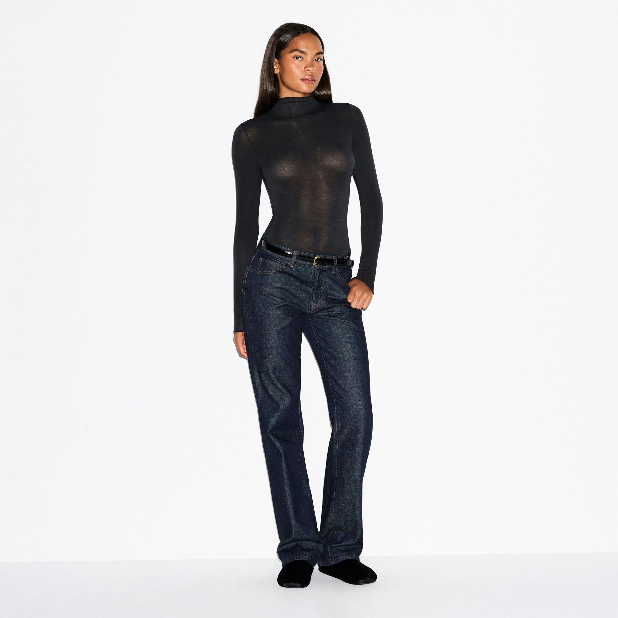 Skims Sheer Modal Long Sleeve Turtleneck Bodysuit Onyx