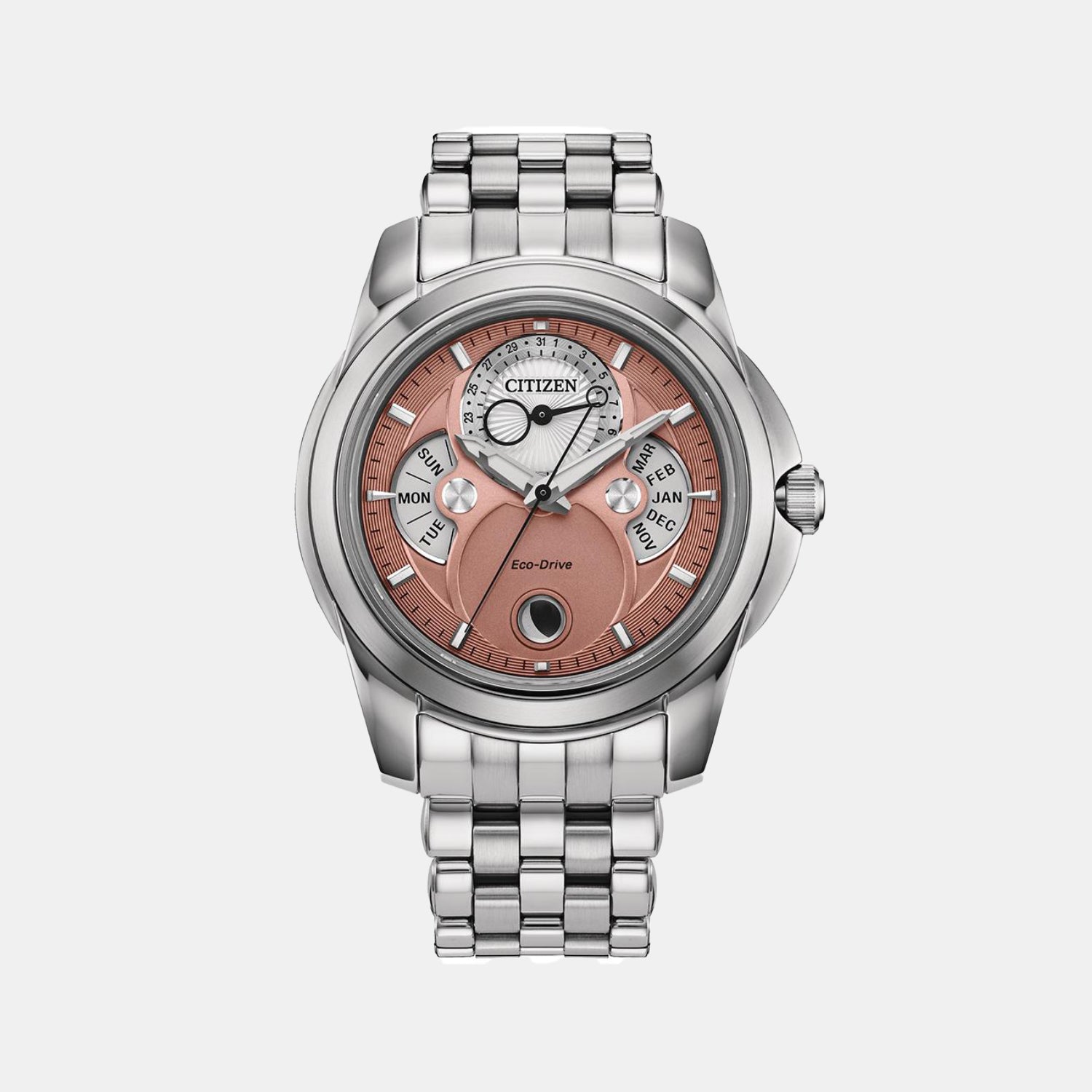 Citizen Calendrier Men Quartz Pink Dial Analog Stainless Steel Watch Bu0080-52X