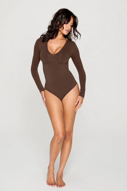 Fabletics Nearly Naked Shapewear Plunge Long Sleeve Bodysuit