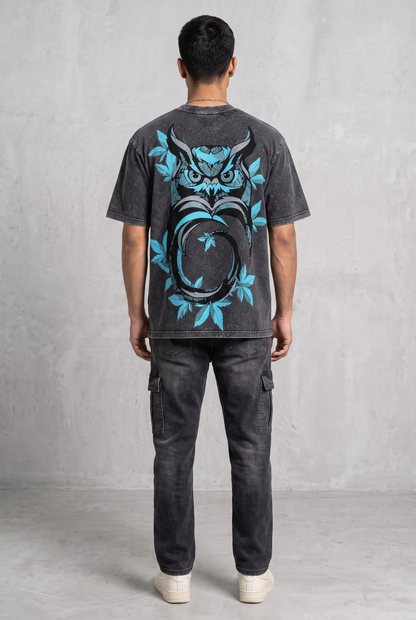 OWL VISION DARK GREY ACIDWASH MEN’S OVERSIZED T-SHIRT