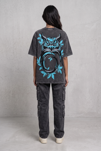 OWL VISION DARK GREY ACIDWASH WOMEN’S OVERSIZED T-SHIRT