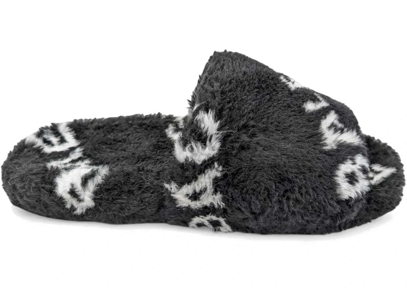 balenciaga furry slide fake fur logo allover black white