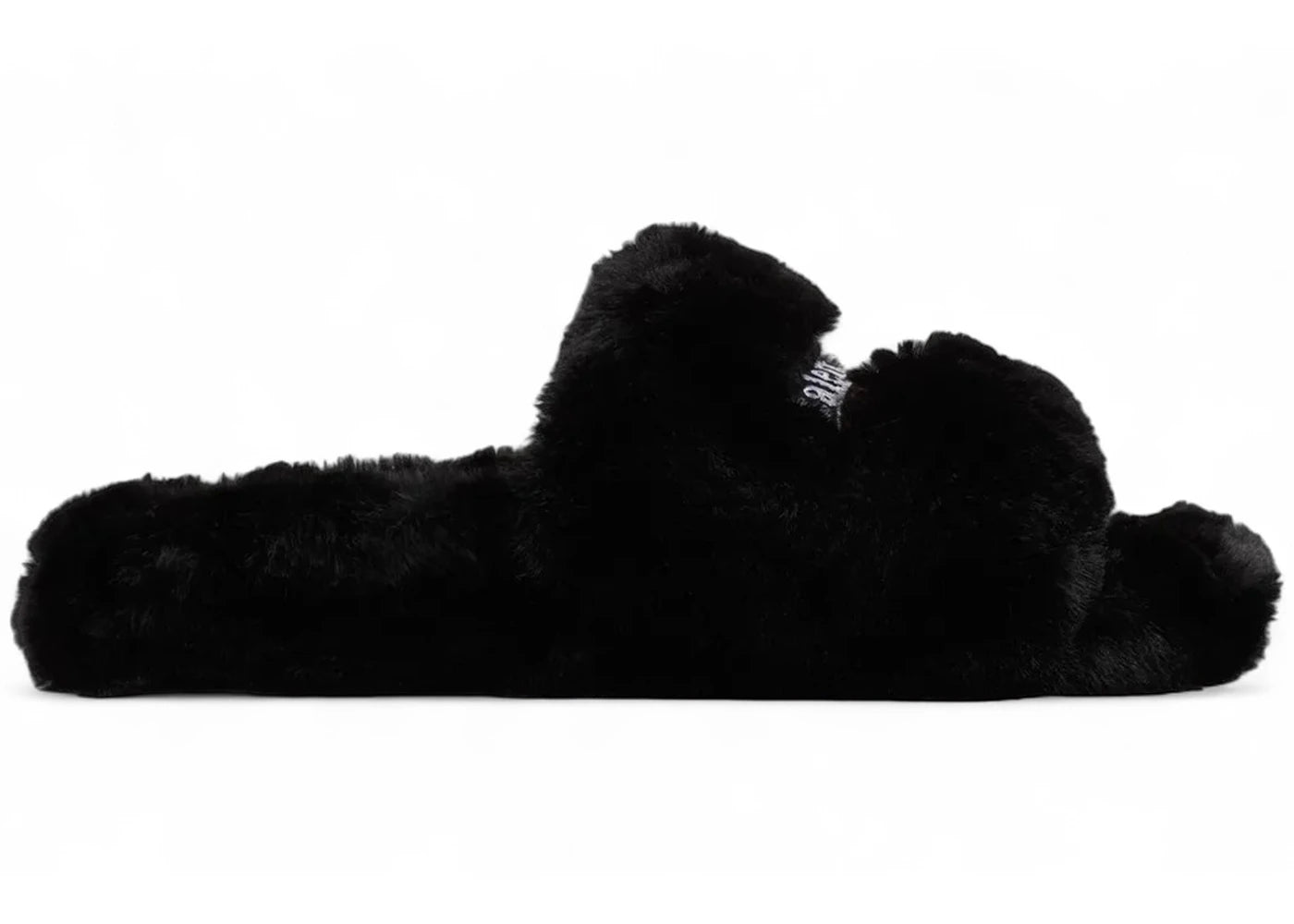 balenciaga furry slide shiny fake fur political emb black