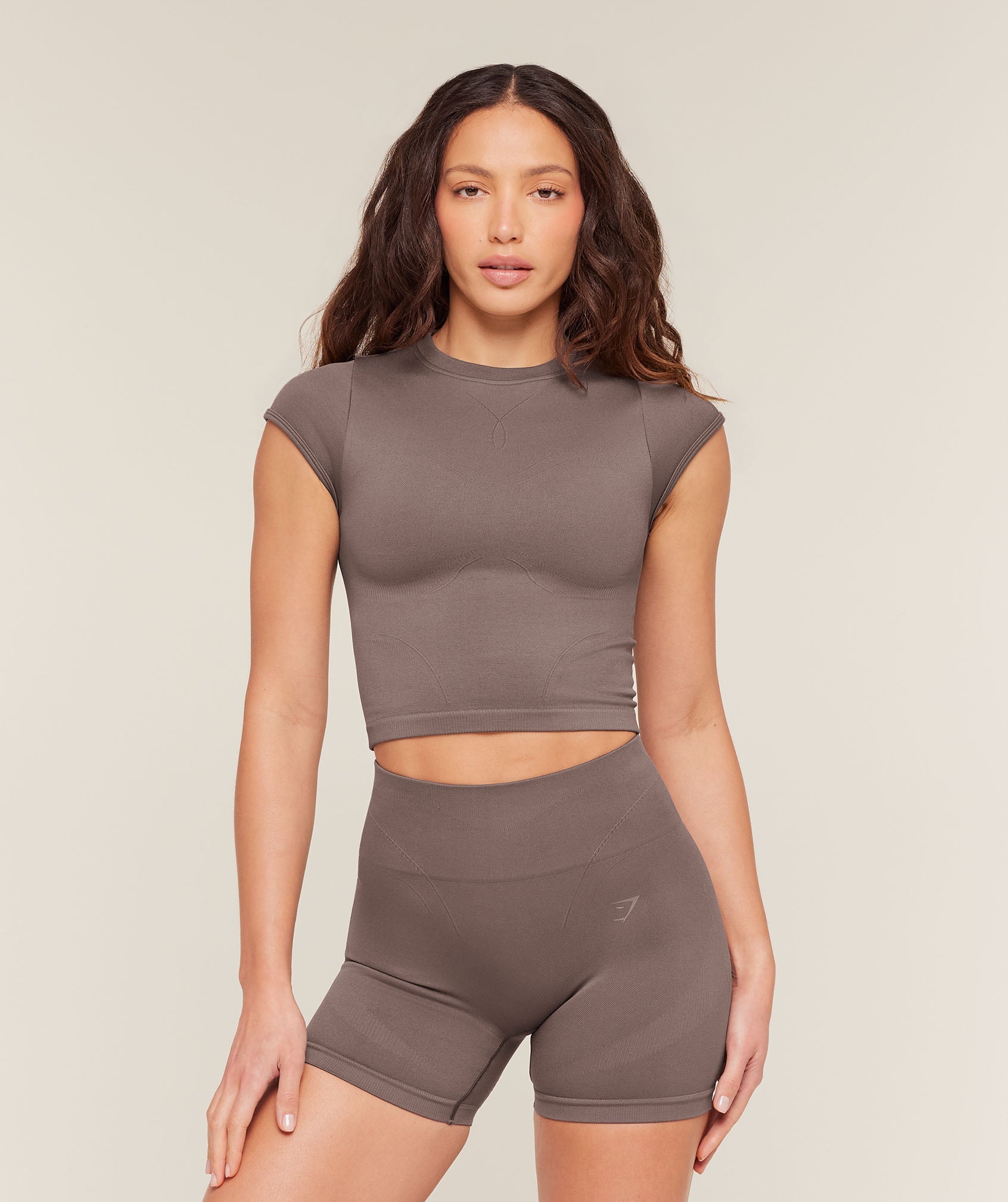 Women's Gymshark Poise Crew Neck Short Sleeve Top Cool Brown