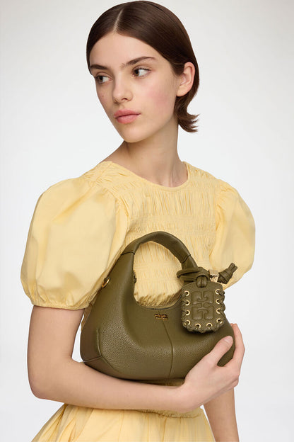 Ganni Military Olive Mini Hobo Bag In Green