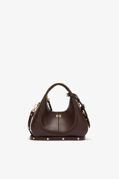 Ganni Chicory Coffee Mini Hobo Bag Studs In Brown