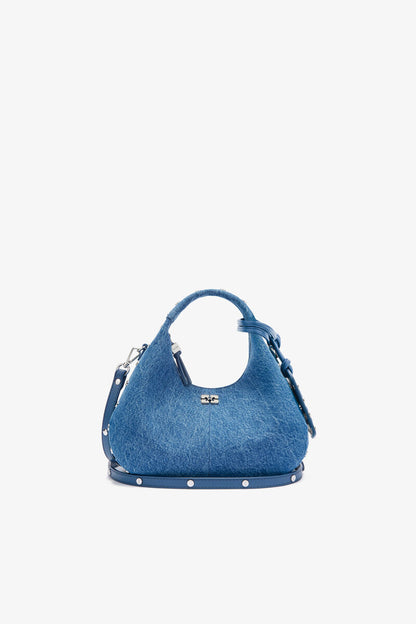 Ganni Mid Blue Vintage Mini Hobo Bag With Studs In Denim