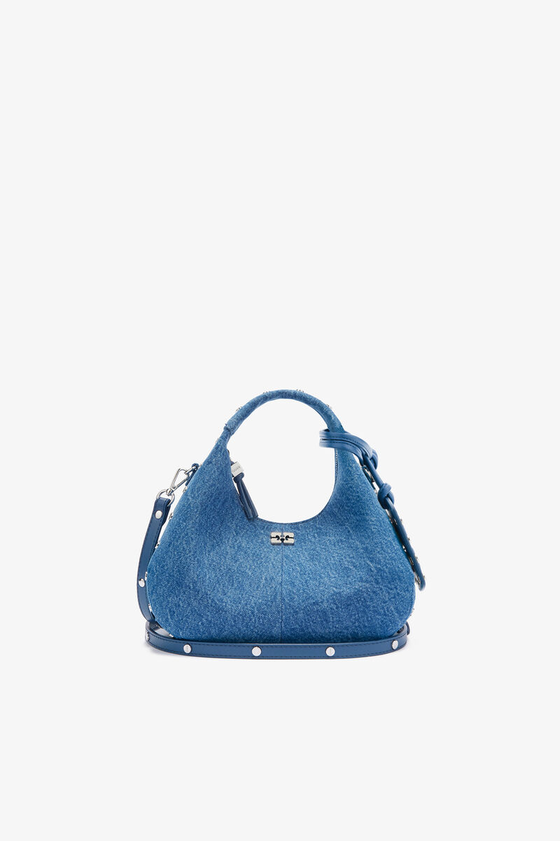 Ganni Mid Blue Vintage Mini Hobo Bag With Studs In Denim