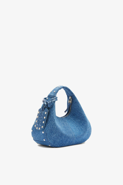 Ganni Mid Blue Vintage Mini Hobo Bag With Studs In Denim