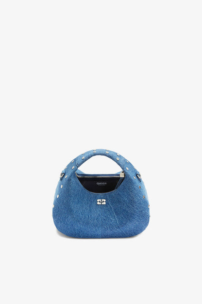 Ganni Mid Blue Vintage Mini Hobo Bag With Studs In Denim