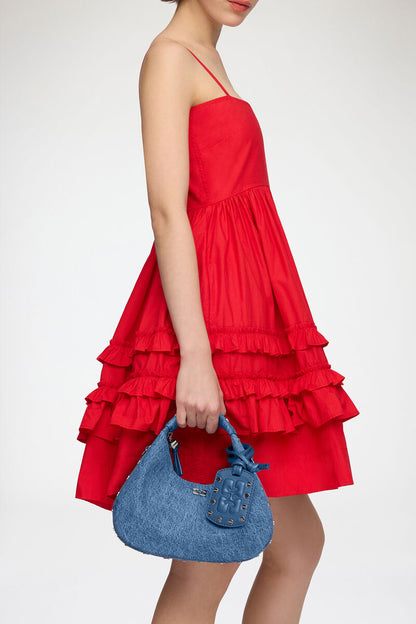 Ganni Mid Blue Vintage Mini Hobo Bag With Studs In Denim