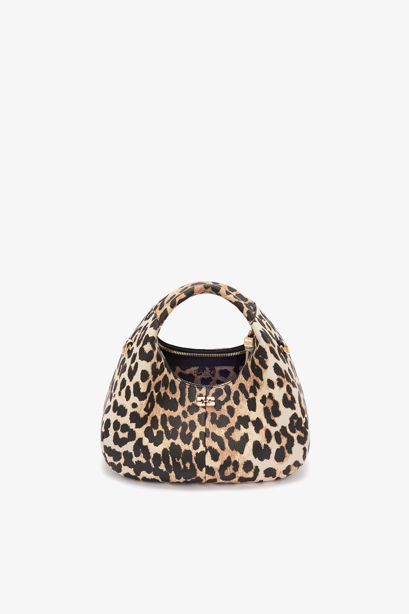Ganni Almond Milk Mini Hobo Bag In Grained Leopard