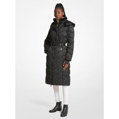 Michael Kors Faux Fur Trim Belted Puffer Coat BLACK