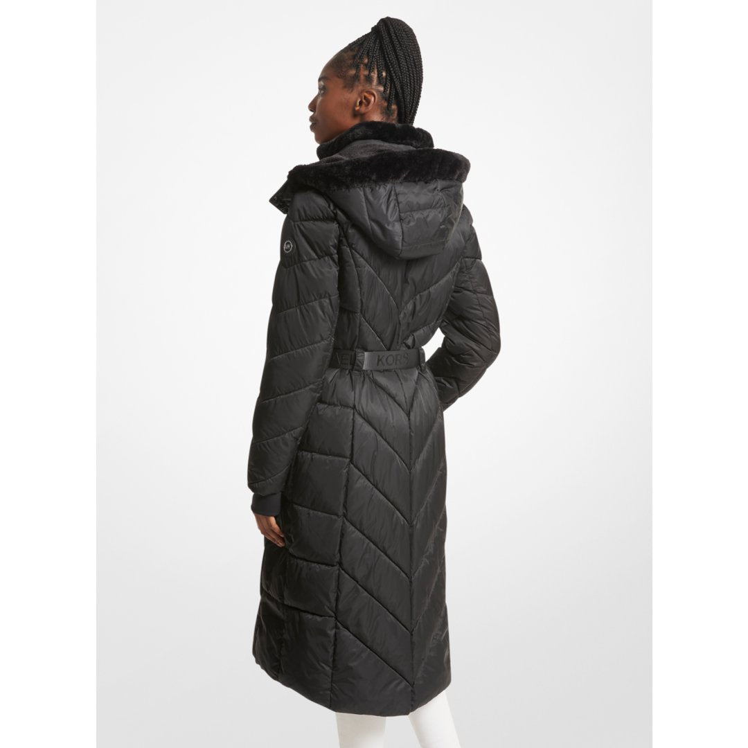 Michael Kors Faux Fur Trim Belted Puffer Coat BLACK