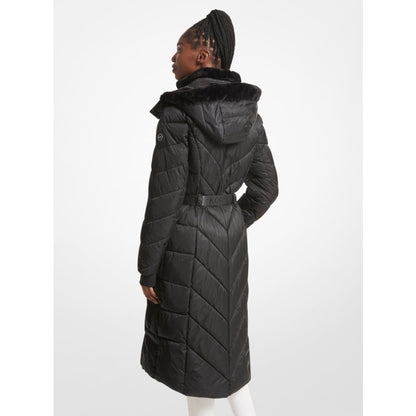 Michael Kors Faux Fur Trim Belted Puffer Coat BLACK