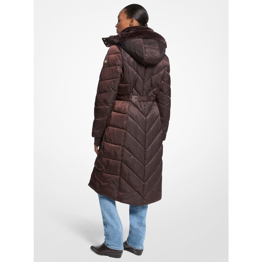 Michael Kors Faux Fur Trim Belted Puffer Coat CHOCOLATE