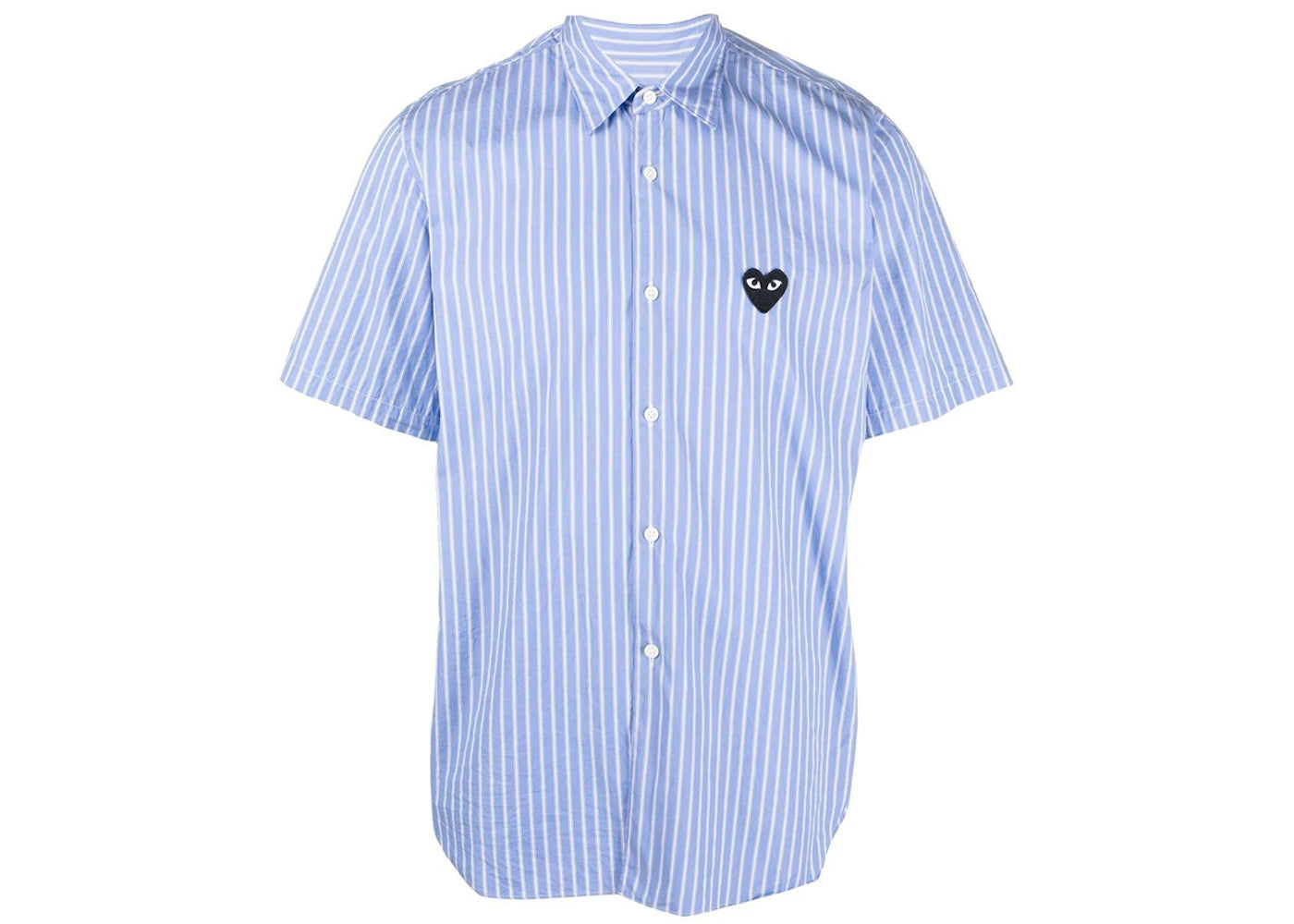comme des garcons play black emblem striped short sleeve button up shirt blue/white
