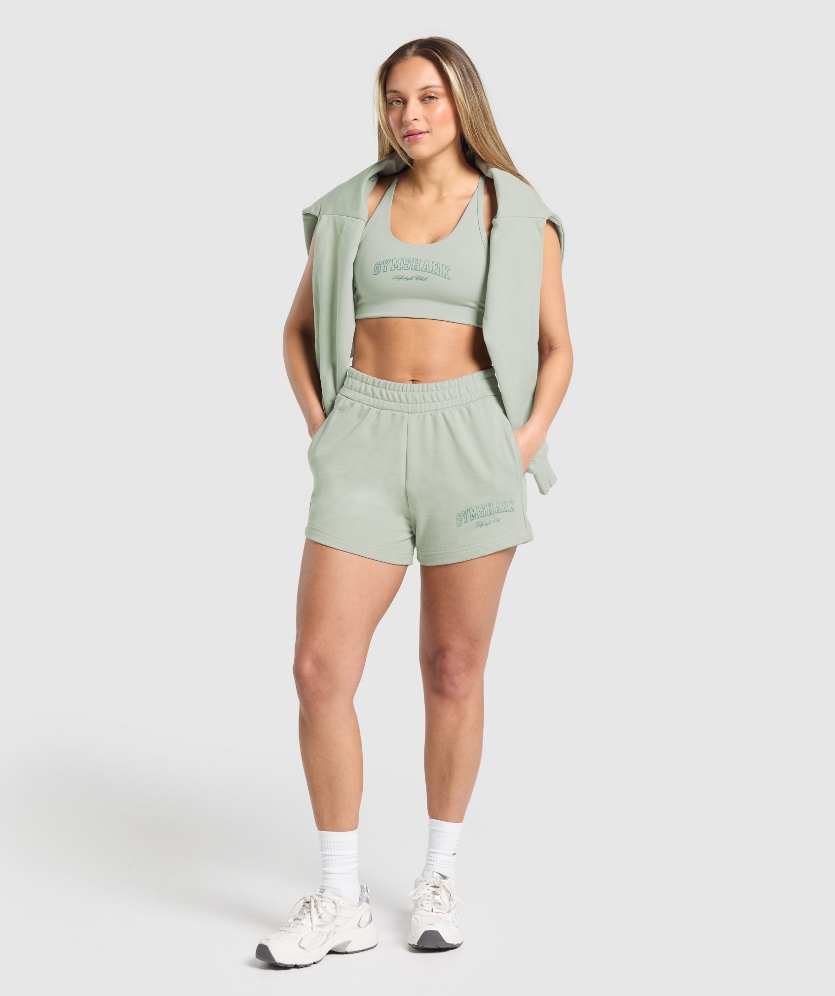 Women's Gymshark Campus Classics Graphic Sweat Shorts Stone Grey