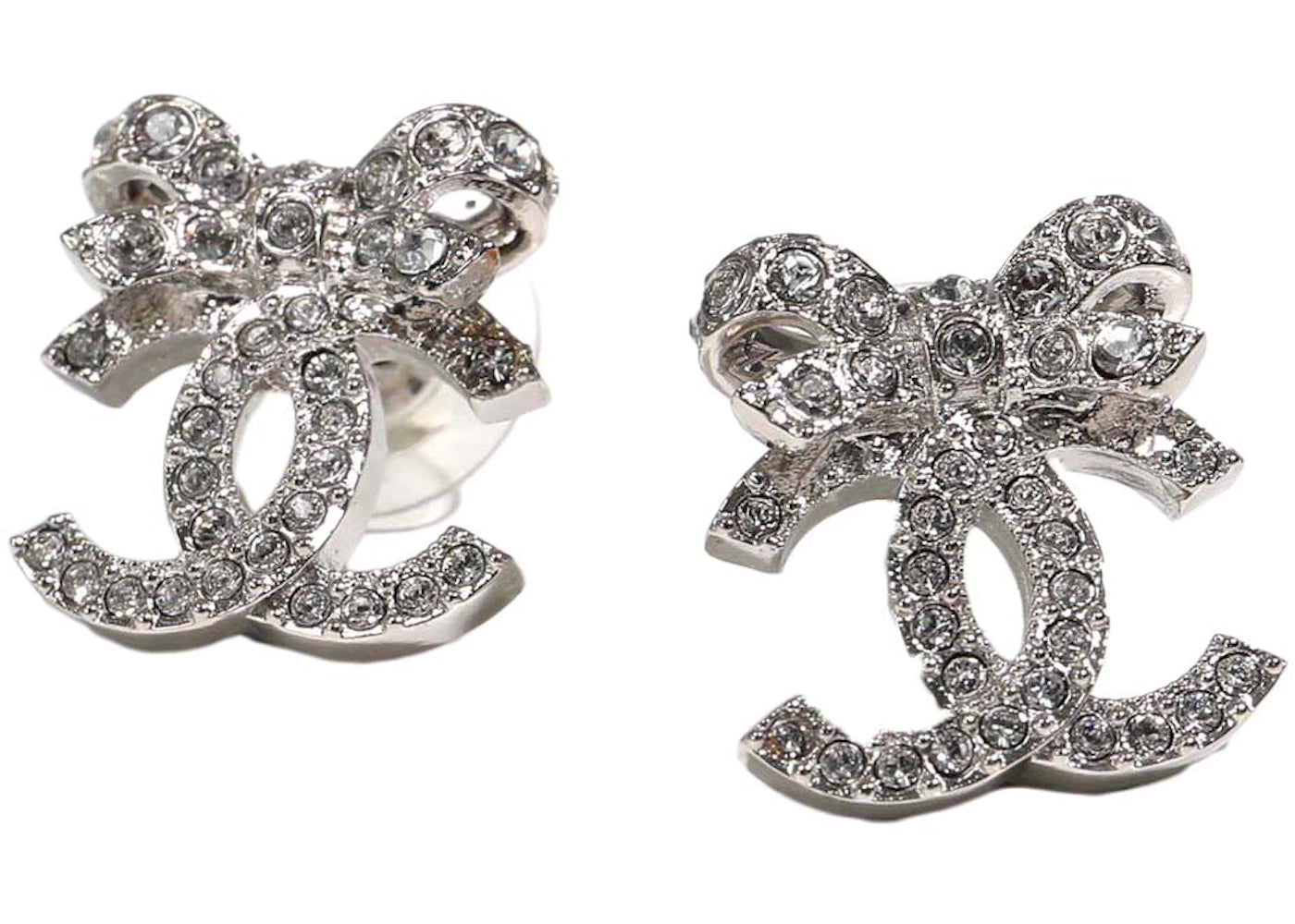 Chanel Bow Tie Cc Logo Earrings Silver (Aba922)