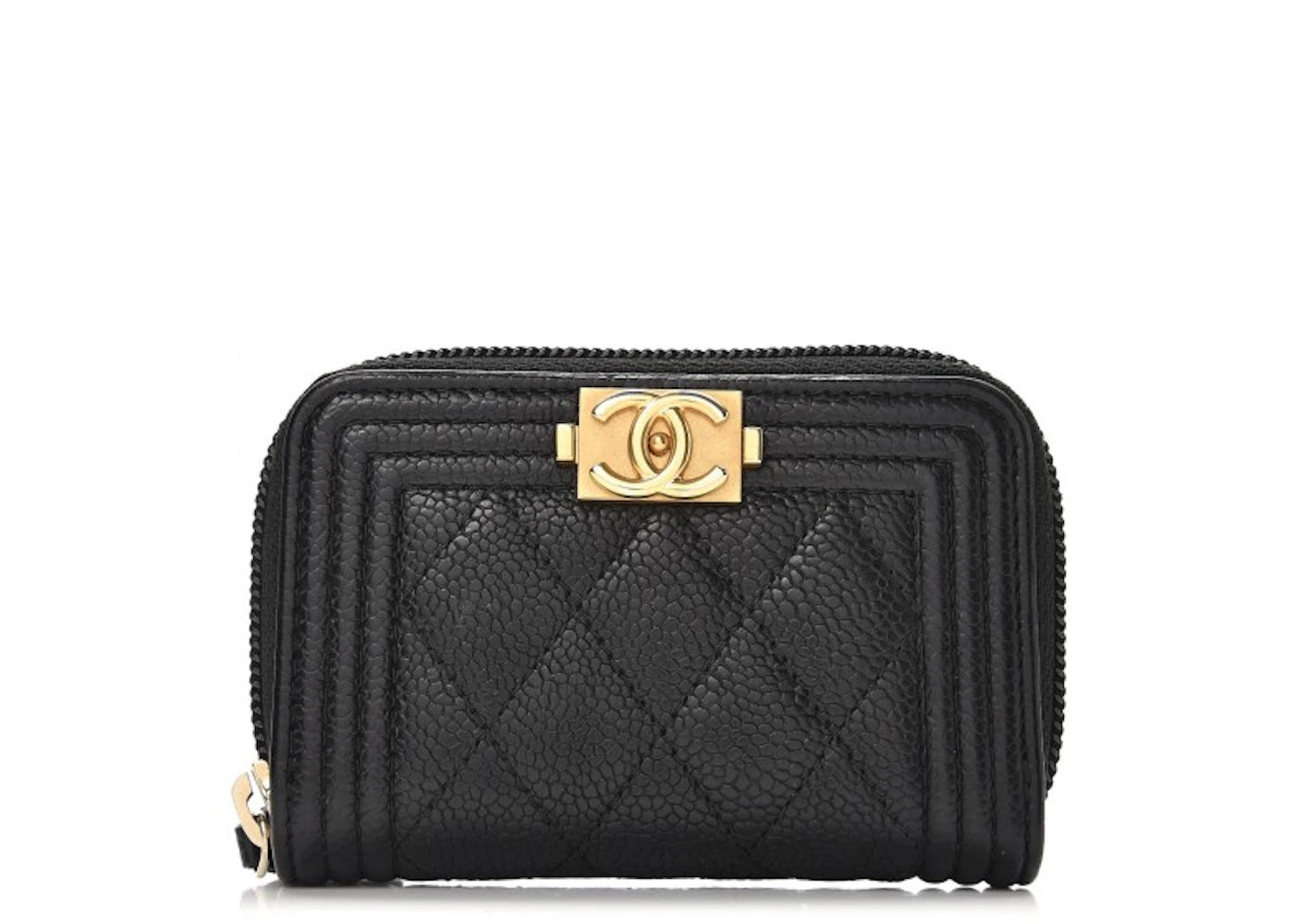 Chanel Boy Zip Around Coin Purse Wallet Quilted Caviar Gold-Tone Black