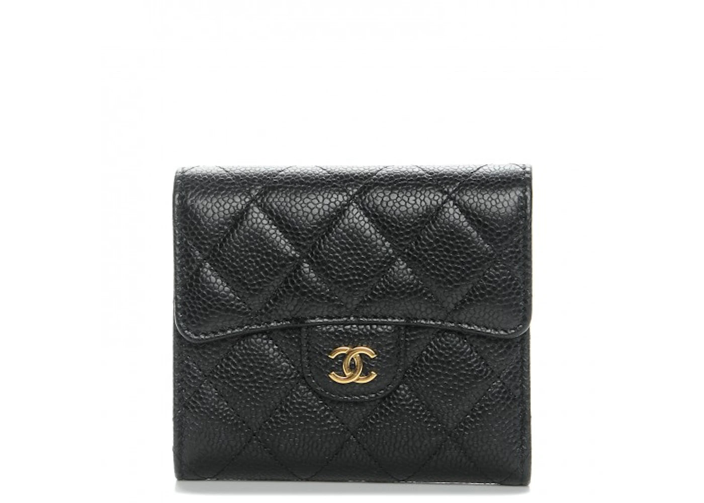 Chanel Flap Compact Wallet Quilted Caviar Gold-Tone Black