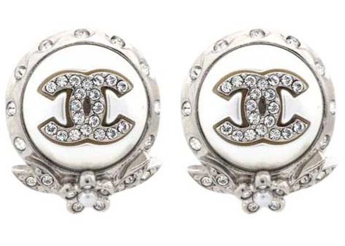 Chanel Crystal Cc Pearl Earrings Silver (Ab6931)