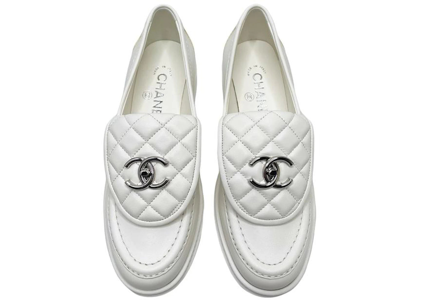 chanel quilted tab loafers white leather