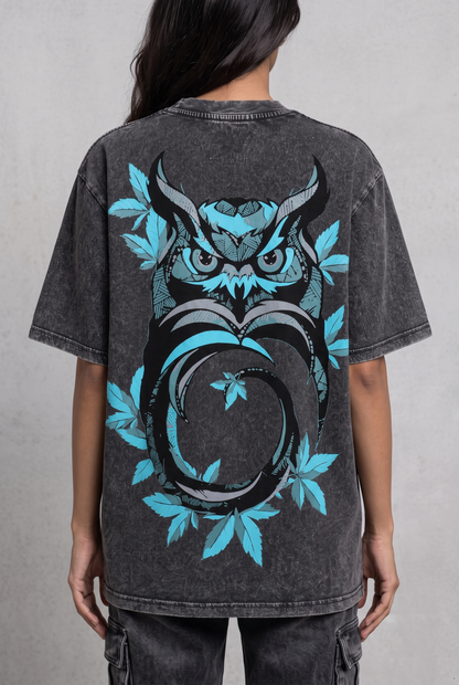 OWL VISION DARK GREY ACIDWASH WOMEN’S OVERSIZED T-SHIRT