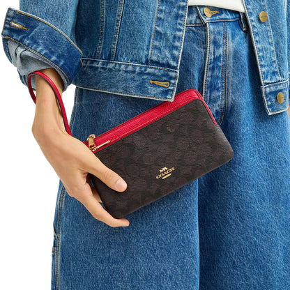 Coach Double Zip Wallet In Signature Canvas In Walnut Bold Red CX161