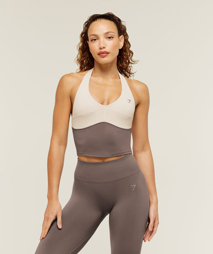 Women's Gymshark Colour Block Halter Neck Tank With Shelf Cool Brown