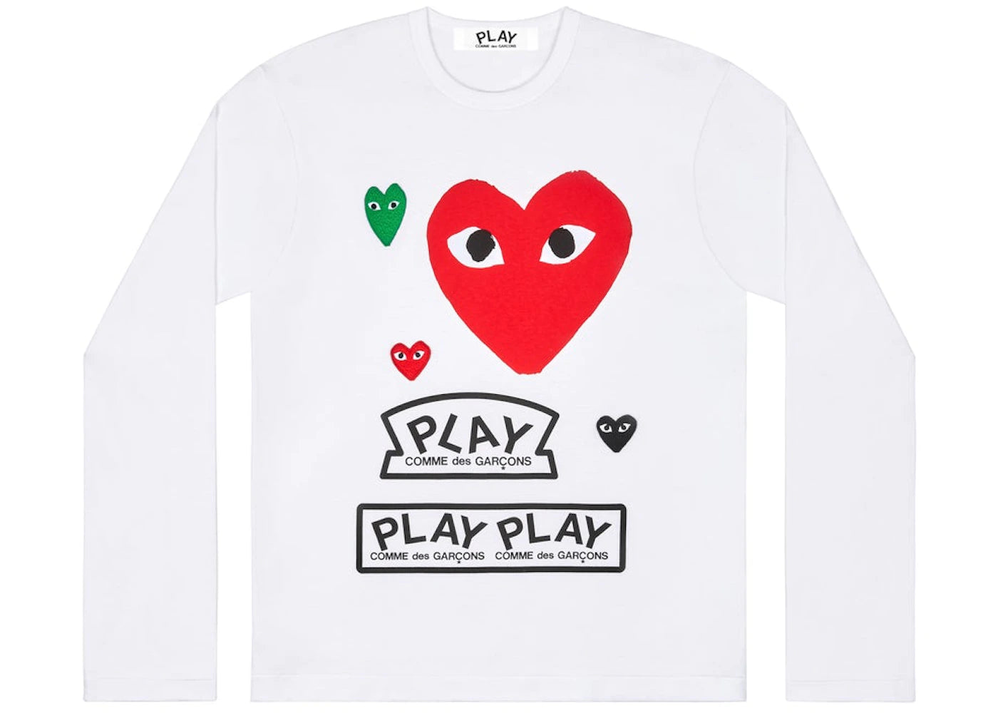 comme des garcons play multi logo red heart long sleeve t-shirt white
