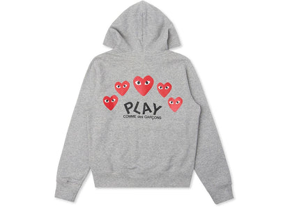 comme des garcons play red multi heart zip up hoodie grey