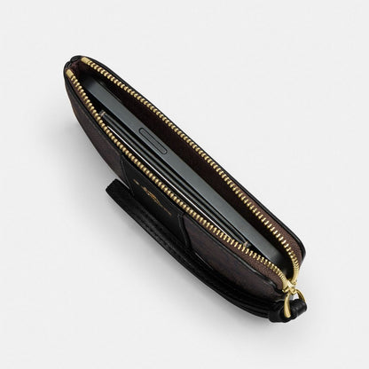 Coach Corner Zip Wristlet In Signature Canvas With Stripe Gold Tan Brown