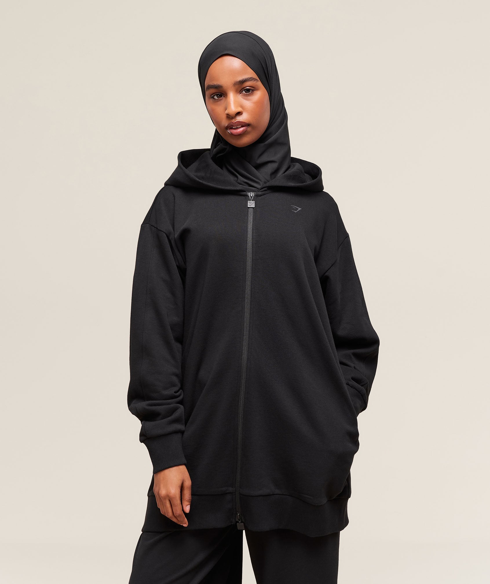 Women's Gymshark Covered Longline Zip Up Hoodie Black