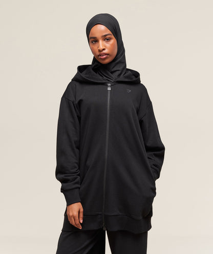 Women's Gymshark Covered Longline Zip Up Hoodie Black