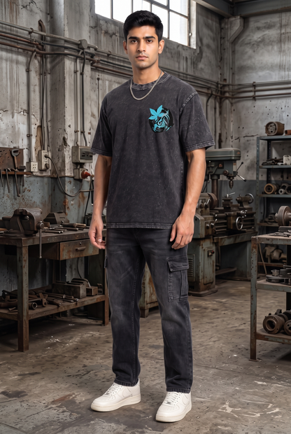 OWL VISION DARK GREY ACIDWASH MEN’S OVERSIZED T-SHIRT