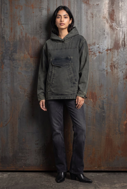 ACID WASH DENIM WOMEN'S HOODIE