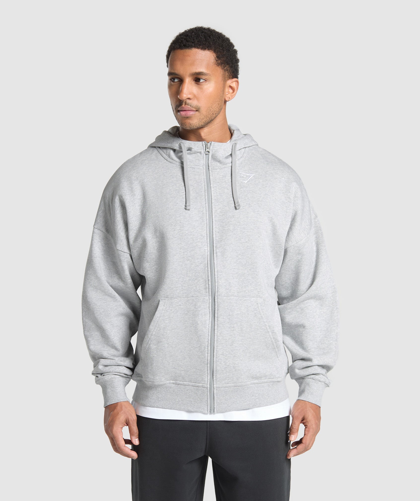 Gymshark Crest Oversized Zip Up Hoodie Light Grey Core Marl