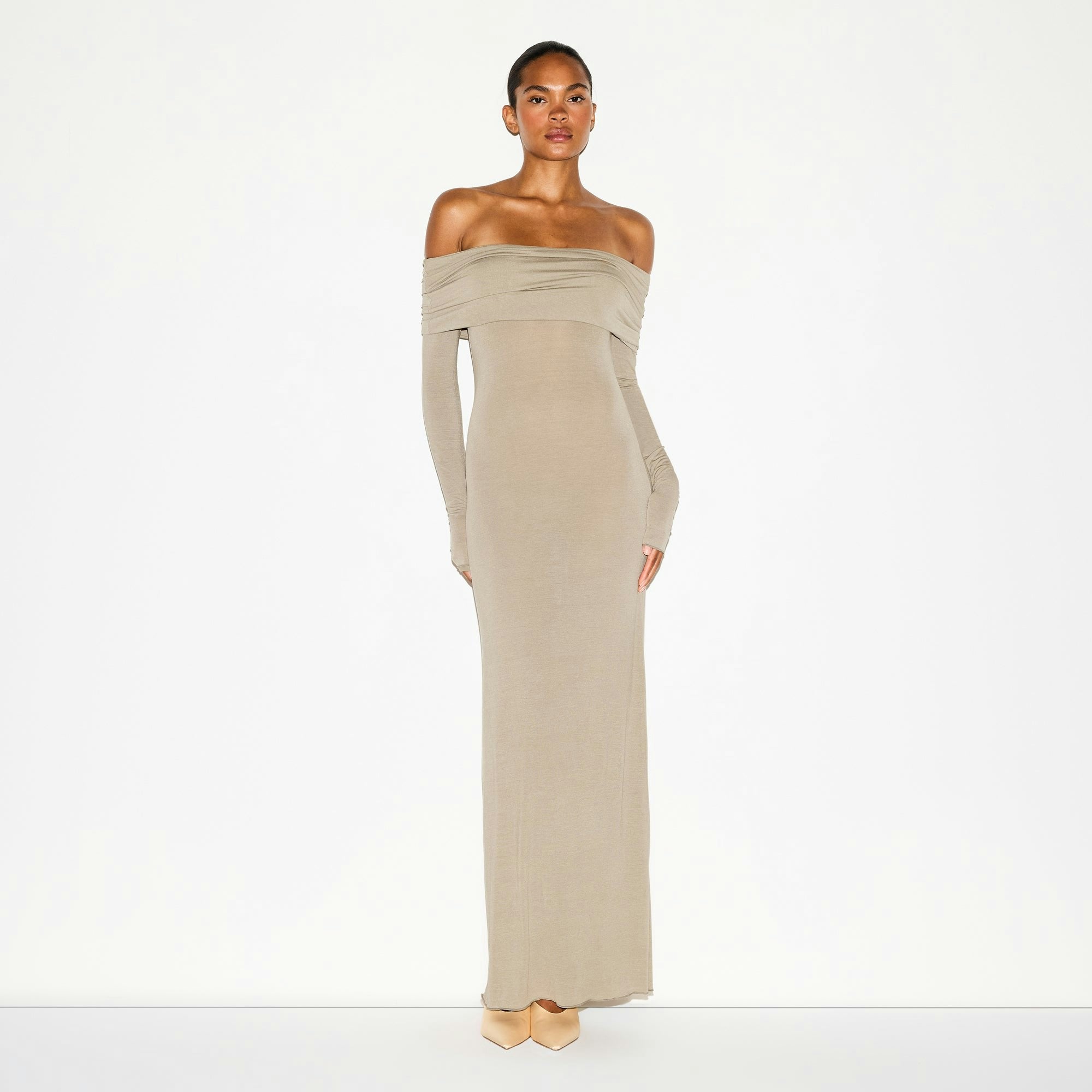 SHEER MODAL OFF THE SHOULDER LONG DRESS